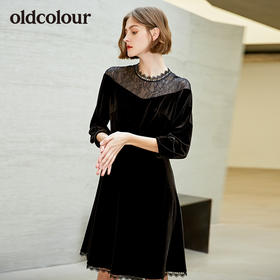 oldcolour新款时尚蕾丝边圆领修身连衣裙女