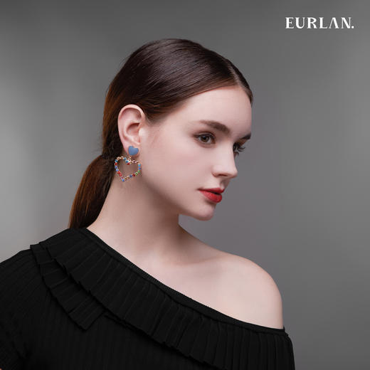 EURLAN.  B系列 彩钻爱心耳环  优雅淡蓝 商品图2