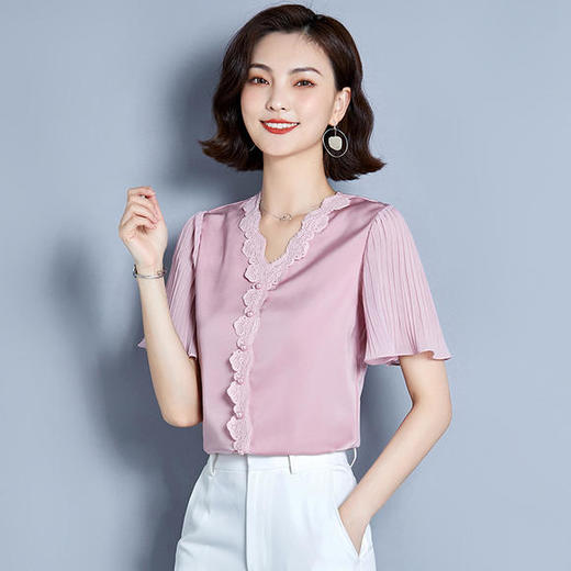 MZ-MZ4859夏季新款韩版V领蕾丝拼接喇叭袖小衫 商品图3