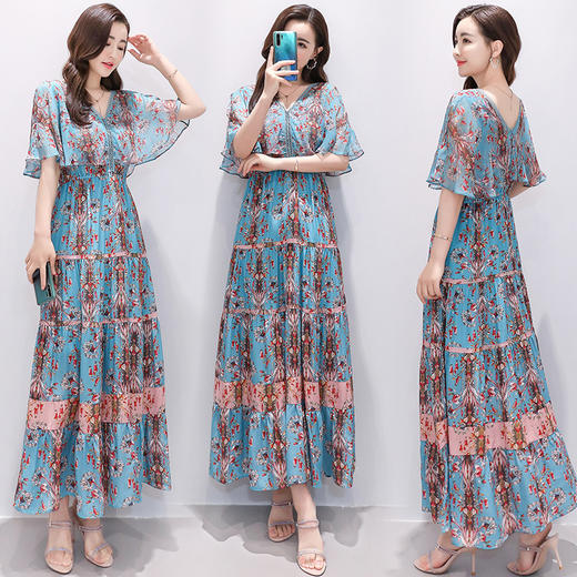 WZNH-QSLG9801A新款v领碎花裙长裙修身喇叭袖中腰雪纺连衣裙 商品图2