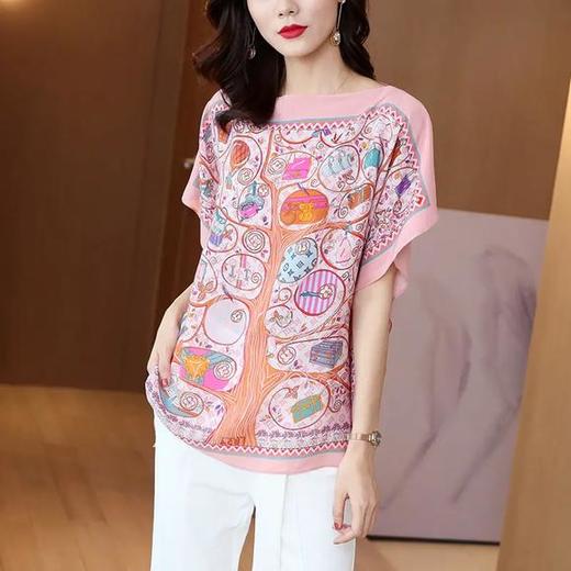 ML-2315002蝙蝠袖真丝桑蚕丝衬衫时尚印花短袖宽松遮肉 商品图4