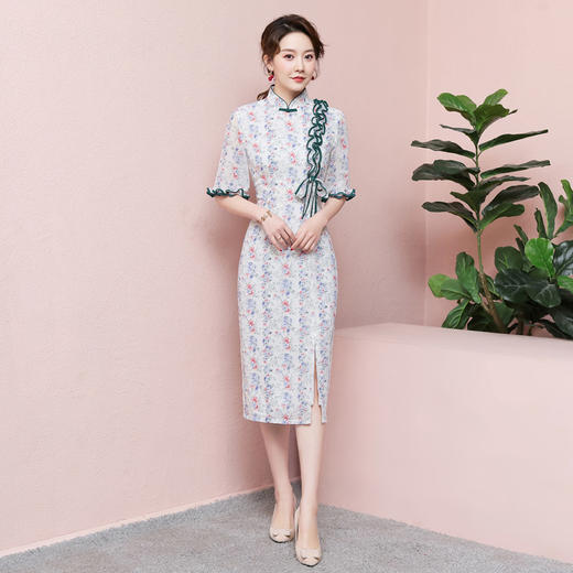 ZSM-200410夏季时尚旗袍  复古木耳边蝴蝶结印花连衣裙 商品图0