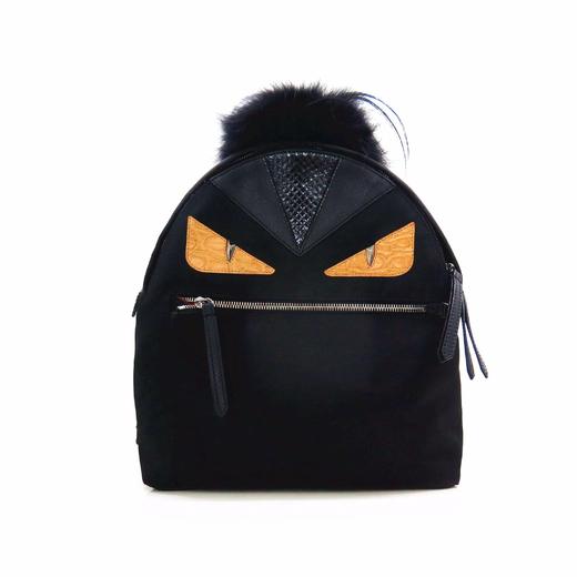 二手95新fendi芬迪拼色小怪兽眼睛一撮毛双肩包