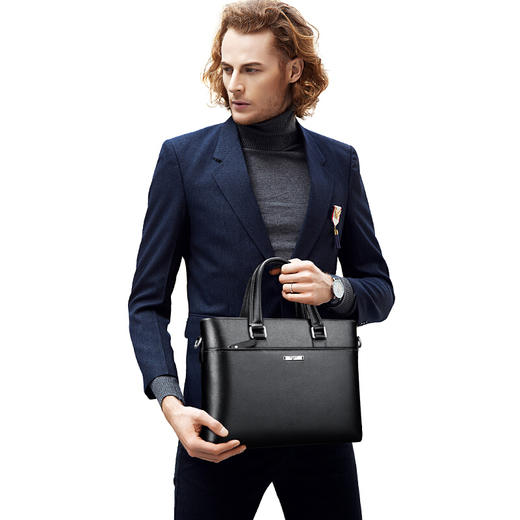 七匹狼（SEPTWOLVES）男包男士单肩包商务公文包斜跨手提包电脑包 头层牛皮黑色1A3452101-01 商品图3