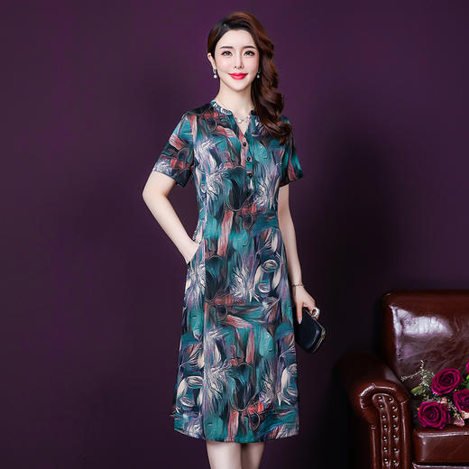 LFJR-8327实拍夏新款 仿真丝印花高贵中长款妈妈装连衣裙 商品图1