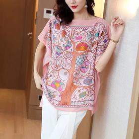 ML-2315002蝙蝠袖真丝桑蚕丝衬衫时尚印花短袖宽松遮肉