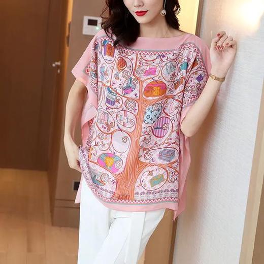 ML-2315002蝙蝠袖真丝桑蚕丝衬衫时尚印花短袖宽松遮肉 商品图0
