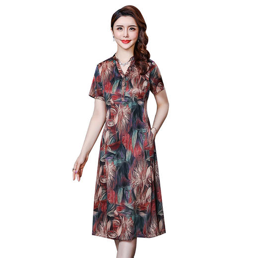 LFJR-8327实拍夏新款 仿真丝印花高贵中长款妈妈装连衣裙 商品图4