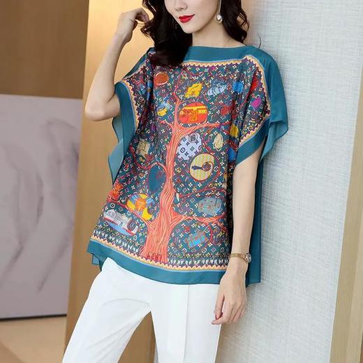 ML-2315002蝙蝠袖真丝桑蚕丝衬衫时尚印花短袖宽松遮肉 商品图1