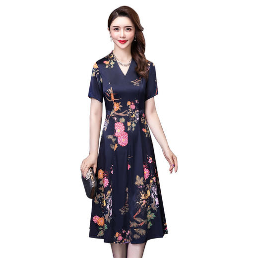 LFJR-8337实拍夏新款 阔太太气质印花重磅仿真丝V领连衣裙 商品图4