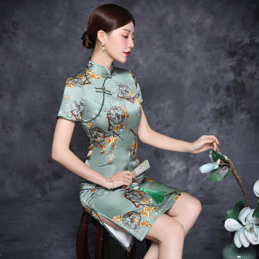 JQ  96012真丝旗袍中长款高档印花桑蚕丝 商品图0