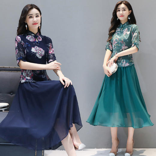 FF-YM8706爆款实拍 民族风新品短袖雪纺复古两件套裙 商品图1
