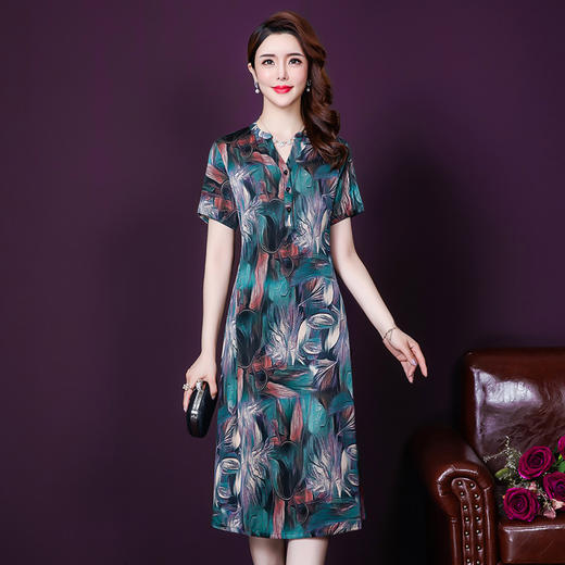 LFJR-8327实拍夏新款 仿真丝印花高贵中长款妈妈装连衣裙 商品图3