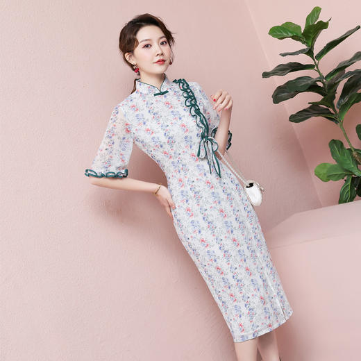 ZSM-200410夏季时尚旗袍  复古木耳边蝴蝶结印花连衣裙 商品图2