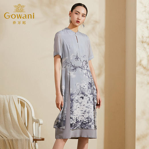 乔万尼新款夏装女气质印花中国风宽松直筒真丝桑蚕丝连衣裙ES2E110 商品图1