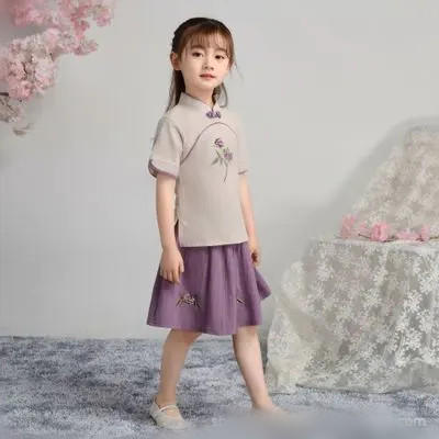 HGY-8635新品绣花款玫瑰套裙 女童民族风旗袍复古版 商品图4