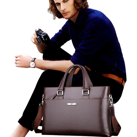 七匹狼（SEPTWOLVES）男包男士单肩包商务公文包斜跨手提包电脑包 头层牛皮啡色/黑色 可选 商品图2