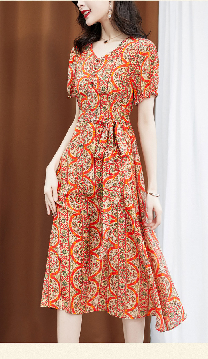 smjr8201759真丝连衣裙v领印花中长款裙子