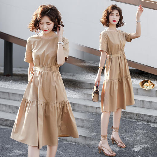 WZNH-HCNL3030夏季英伦风纯色时尚圆领修身连衣裙 商品图0