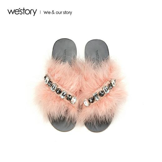 westory2019春夏新款水钻毛毛拖鞋女平底优雅仙气宴会W29BJ60261 商品图1