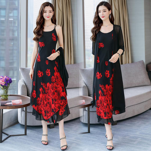 WZNH-OXN1812-1中长款H型 中腰圆领大花连衣裙套头两件套 商品图0