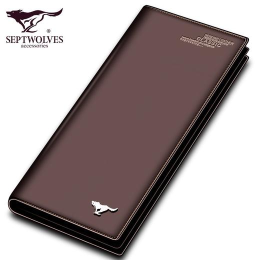 七匹狼钱包男头层牛皮横款男士钱夹商务多卡位皮夹礼物男 英文标长款啡色3A10239 商品图0