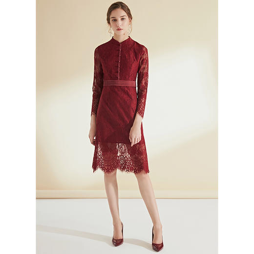 EITIE爱特爱女装春季新款简约长袖时尚蕾丝法式成熟连衣裙女裙C1907332 商品图1