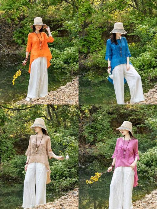 LPP-SG5139爆款原创  2020夏新款丝麻轻薄刺绣五分袖T恤燕尾上衣 商品图4