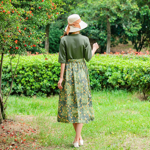 LT-025新款碎花亚麻连衣裙   夏季半袖系带修身A字长裙 商品图4