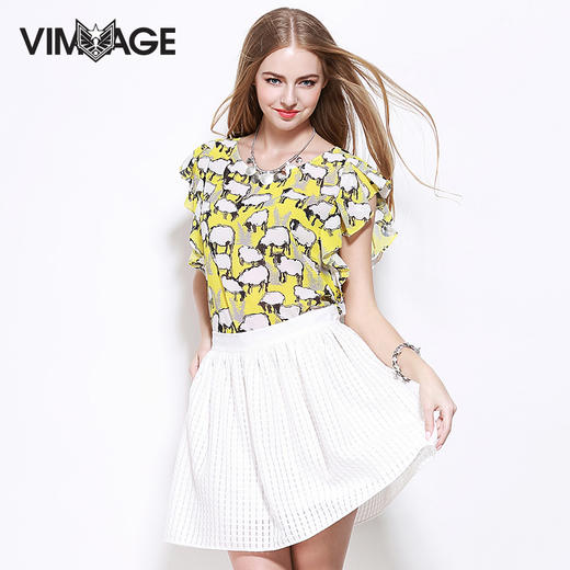VIMAGE纬漫纪女士上衣田园风绵羊图案印花雪纺衫女V03080077 商品图1