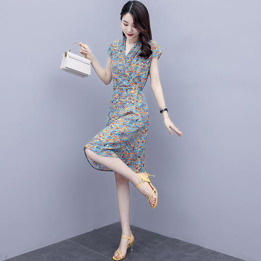 WZNH-LXI976新款简约时尚法式印花V领收腰系带连衣裙 商品图3