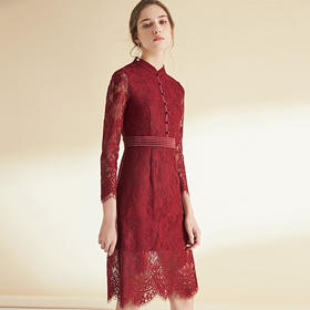 EITIE爱特爱女装春季新款简约长袖时尚蕾丝法式成熟连衣裙女裙C1907332