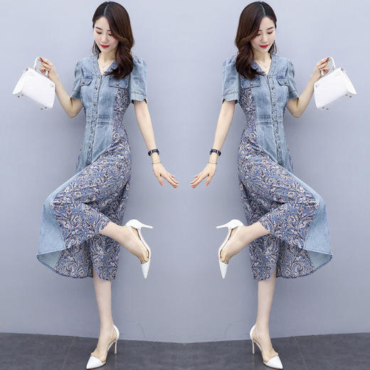 WZNH-SUN2057新款雪纺拼接碎花牛仔长款薄V领风衣印花长裙 商品图1