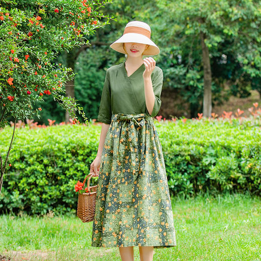 LT-025新款碎花亚麻连衣裙   夏季半袖系带修身A字长裙 商品图0