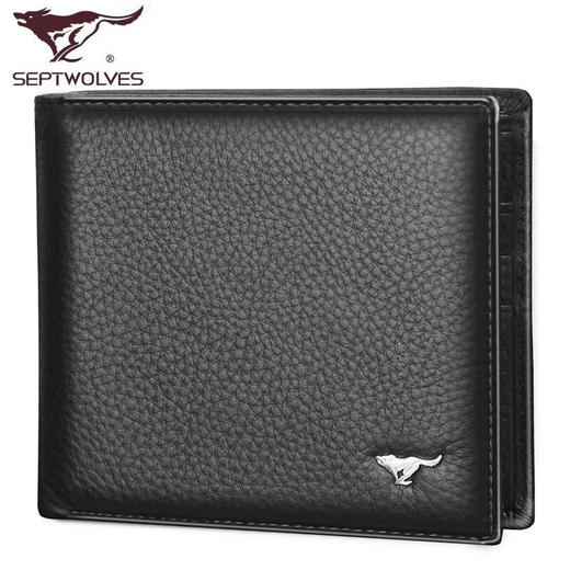 七匹狼钱包 男士真牛皮横短款零钱夹多卡位头层牛皮 金属狼标黑色3A1313223-01 商品图0