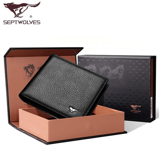 七匹狼钱包 男士真牛皮横短款零钱夹多卡位头层牛皮 金属狼标黑色3A1313223-01 商品图1