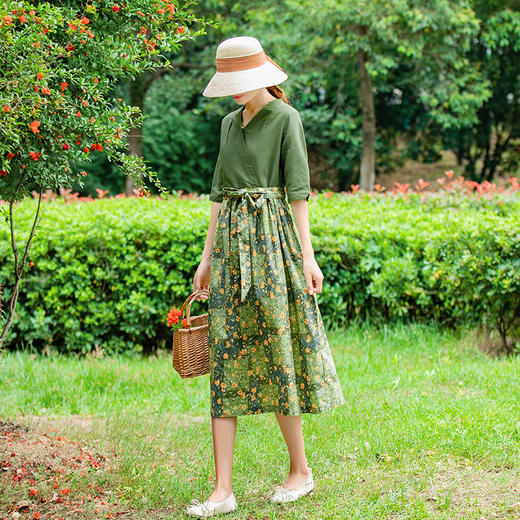 LT-025新款碎花亚麻连衣裙   夏季半袖系带修身A字长裙 商品图1