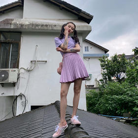 淡粉紫色冰丝花边复古针织百褶裙