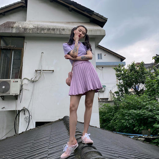 淡粉紫色冰丝花边复古针织百褶裙 商品图0