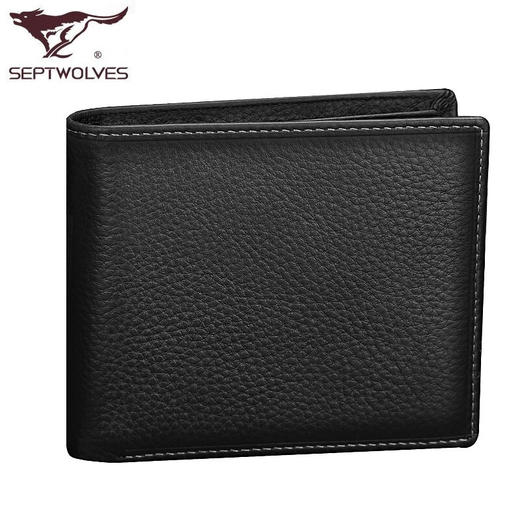 七匹狼钱包 男士真牛皮横短款零钱夹多卡位头层牛皮 金属狼标黑色3A1313223-01 商品图3