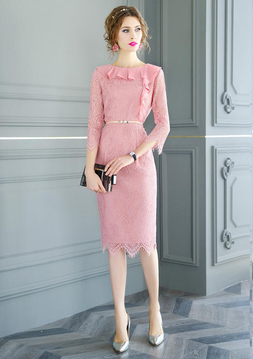 FMY-29727新款粉色蕾丝连衣裙中长包臀裙WH 商品图4