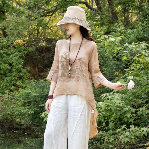 LPP-SG5139爆款原创  2020夏新款丝麻轻薄刺绣五分袖T恤燕尾上衣 商品图0