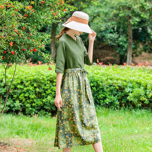 LT-025新款碎花亚麻连衣裙   夏季半袖系带修身A字长裙 商品图3