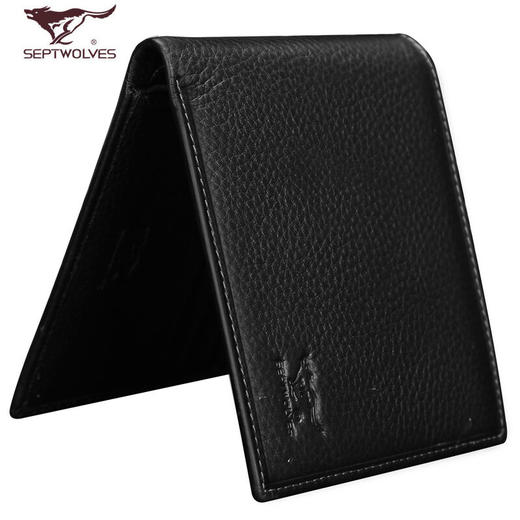 七匹狼钱包 男士横短款零钱夹多卡位头层牛皮 烫印狼标黑色3A1310392-27 商品图3