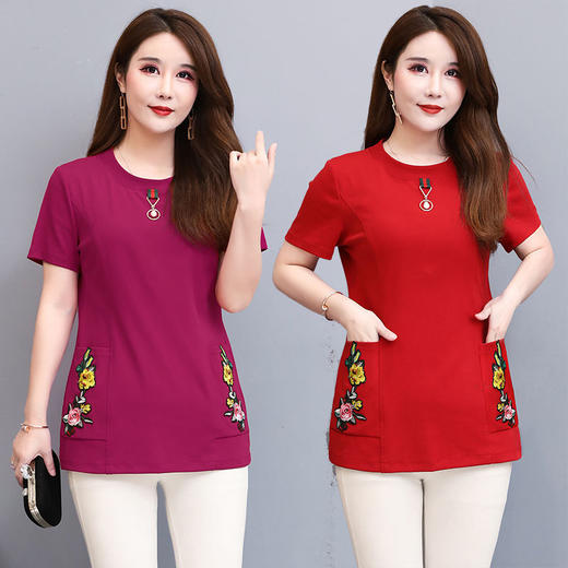 MQ-RL9918夏装新款大码纯棉短袖绣花t恤衫YY 商品图0