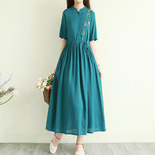 文艺棉麻收腰显瘦刺绣长款长裙子宽松连衣裙klj2058