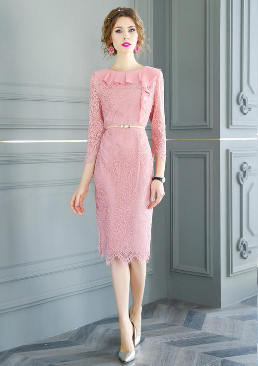 FMY-29727新款粉色蕾丝连衣裙中长包臀裙WH 商品图3