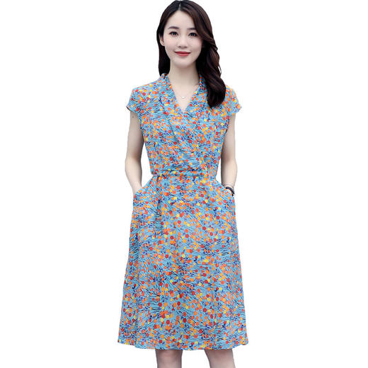 WZNH-LXI976新款简约时尚法式印花V领收腰系带连衣裙 商品图4