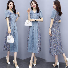 WZNH-SUN2057新款雪纺拼接碎花牛仔长款薄V领风衣印花长裙