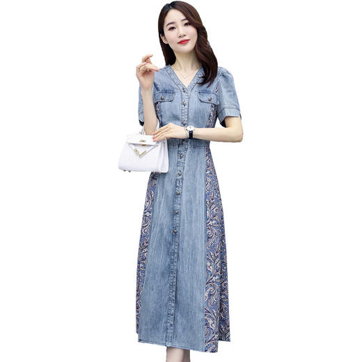 WZNH-SUN2057新款雪纺拼接碎花牛仔长款薄V领风衣印花长裙 商品图4